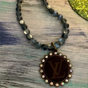 LV Upcycled Elegant Beaded Necklace with Brown Pendant